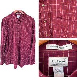 LL Bean Men’s Maroon Red Plaid Long Sleeve Button Down Shirt 100% Cotton XL Reg